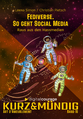 Auf der Titelseite der Broschüre sind vergnügte Astronauten im Universum zu sehen.